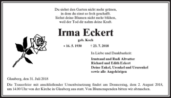 Traueranzeige von Irma Eckert von  Kreisanzeiger