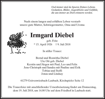 Traueranzeige von Irmgard Diebel von  Usinger Anzeiger