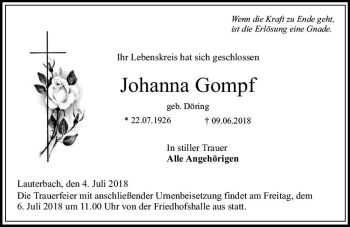 Traueranzeige von Johanna Gompf von VRM Trauer