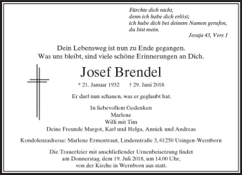 Traueranzeige von Josef Brendel von  Usinger Anzeiger
