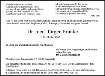 Traueranzeige von Jürgen Franke von vrm-trauer