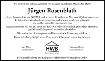 Traueranzeige von Jürgen Rosenblath von vrm-trauer