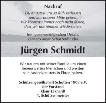 Traueranzeige von Jürgen Schmidt von  Kreisanzeiger