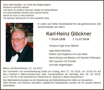 Traueranzeige von Karl-Heinz Glöckner von vrm-trauer