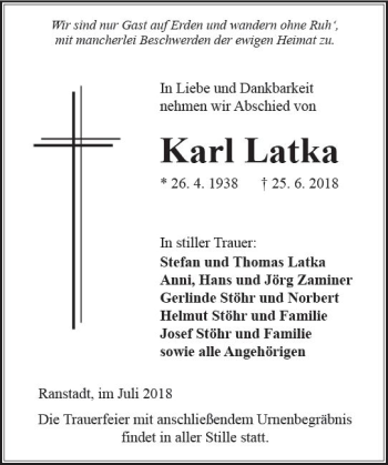 Traueranzeige von Karl Latka von  Kreisanzeiger