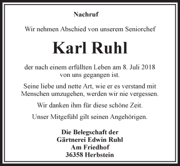 Traueranzeige von Karl Ruhl von VRM Trauer