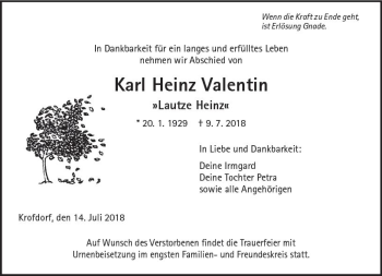 Traueranzeige von Karl Heinz Valentin von  Gießener Anzeiger