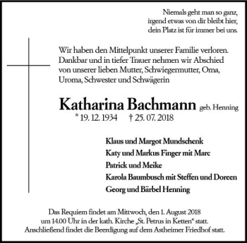 Traueranzeige von Katharina Bachmann von vrm-trauer