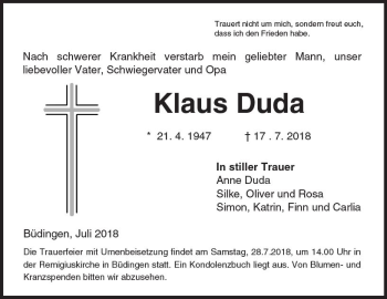 Traueranzeige von Klaus Duda von  Kreisanzeiger