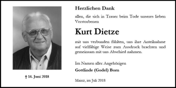Traueranzeige von Kurt Dietze von vrm-trauer