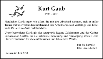 Traueranzeige von Kurt Gaub von  Gießener Anzeiger