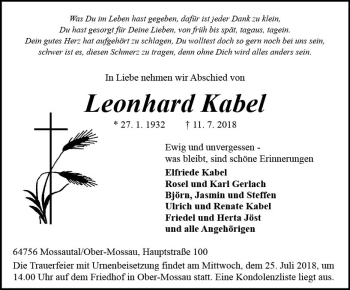 Traueranzeige von Leonhard Kabel von vrm-trauer