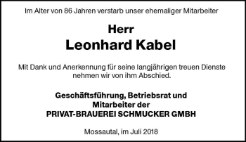 Traueranzeige von Leonhard Kabel von vrm-trauer