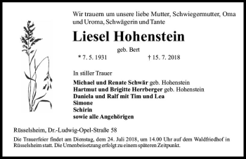 Traueranzeige von Liesel Hohenstein von vrm-trauer