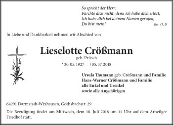 Traueranzeige von Lieselotte Crößmann von vrm-trauer