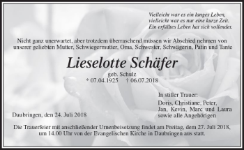 Traueranzeige von Lieselotte Schäfer von  Gießener Anzeiger