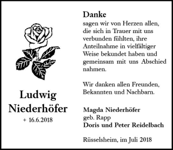 Traueranzeige von Ludwig Niederhöfer von Trauerportal Rhein Main Presse