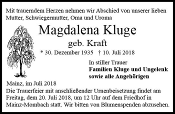 Traueranzeige von Magdalena Kluge von vrm-trauer