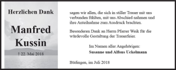 Traueranzeige von Manfred Kussin von  Kreisanzeiger