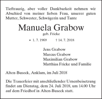 Traueranzeige von Manuela Grabow von  Gießener Anzeiger