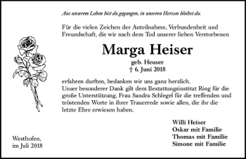 Traueranzeige von Marga Heiser von vrm-trauer