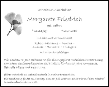 Traueranzeige von Margarete Friedrich von vrm-trauer