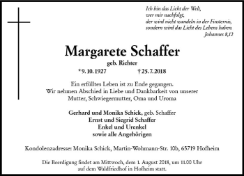 Traueranzeige von Margarete Schaffer von vrm-trauer