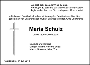 Traueranzeige von Maria Schulz von vrm-trauer