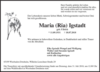 Traueranzeige von Maria Ria Igstadt von vrm-trauer