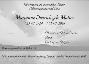Traueranzeige von Marianne Dietrich von vrm-trauer