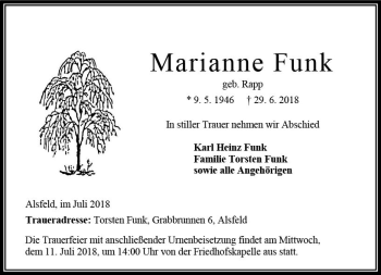 Traueranzeige von Marianne Funk von VRM Trauer