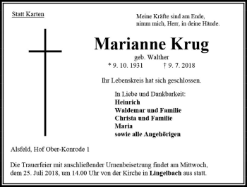 Traueranzeige von Marianne Krug von VRM Trauer