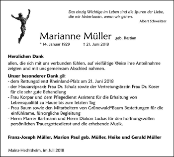 Traueranzeige von Marianne Müller von vrm-trauer