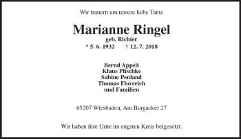 Traueranzeige von Marianne Ringel von vrm-trauer