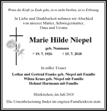 Traueranzeige von Marie Hilde Niepel von  Kreisanzeiger
