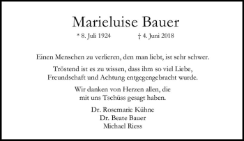 Traueranzeige von Marieluise Bauer von vrm-trauer