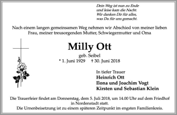 Traueranzeige von Milly Ott von Trauerportal Rhein Main Presse