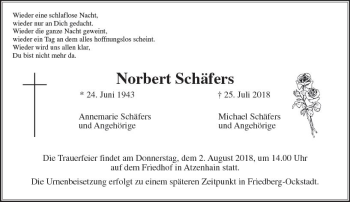 Traueranzeige von Norbert Schäfer von  Gießener Anzeiger
