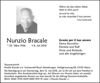 Traueranzeige von Nunzio Bracale von vrm-trauer