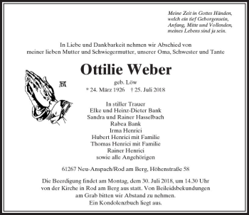 Traueranzeige von Ottilie Weber von  Usinger Anzeiger