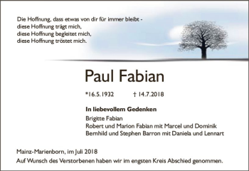 Traueranzeige von Paul Fabian von vrm-trauer