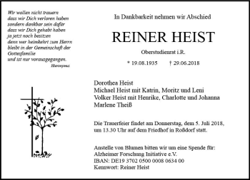 Traueranzeige von Reiner Heist von Trauerportal Rhein Main Presse