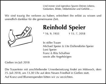 Traueranzeige von Reinhold Speier von  Gießener Anzeiger
