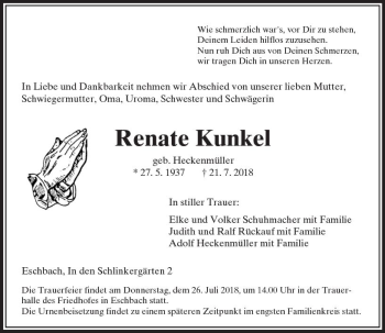 Traueranzeige von Renate Kunkel von  Usinger Anzeiger