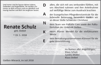 Traueranzeige von Renate Schulz von  Gießener Anzeiger