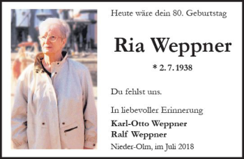 Traueranzeige von Ria Weppner von Trauerportal Rhein Main Presse