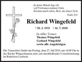 Traueranzeige von Richard Wingefeld von  Kreisanzeiger