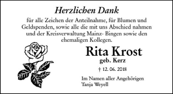 Traueranzeige von Rita Krost von vrm-trauer