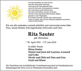 Traueranzeige von Rita Sauter von vrm-trauer