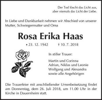 Traueranzeige von Rosa Erika Haas von  Kreisanzeiger